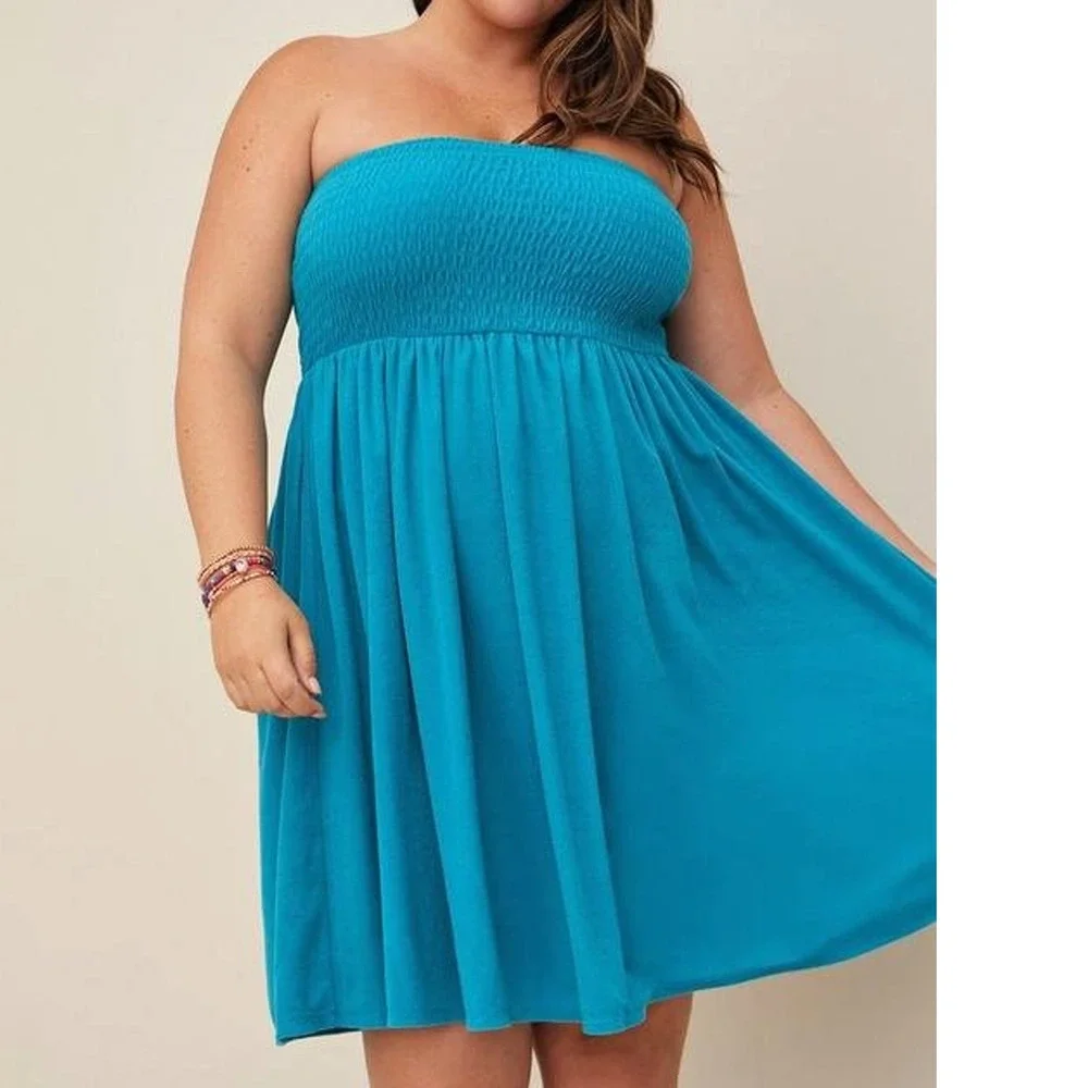 New Torrid 6 (6X 30) Teal Blue Smocked Terry Cloth Swim‎ Cover Up Beach Dress